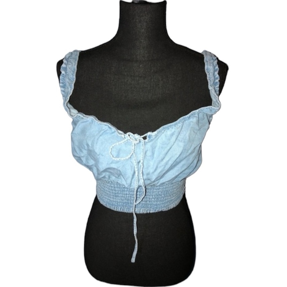 “Love Tree” Blue Crop Top with Ruffle and String Ties Size Large